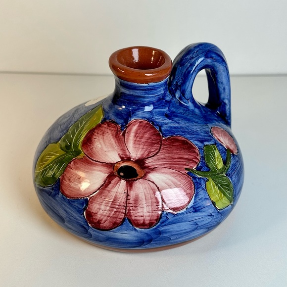Vintage Redware pottery pitcher vase. Blue with floral design. Made in Portugal - Picture 3 of 9